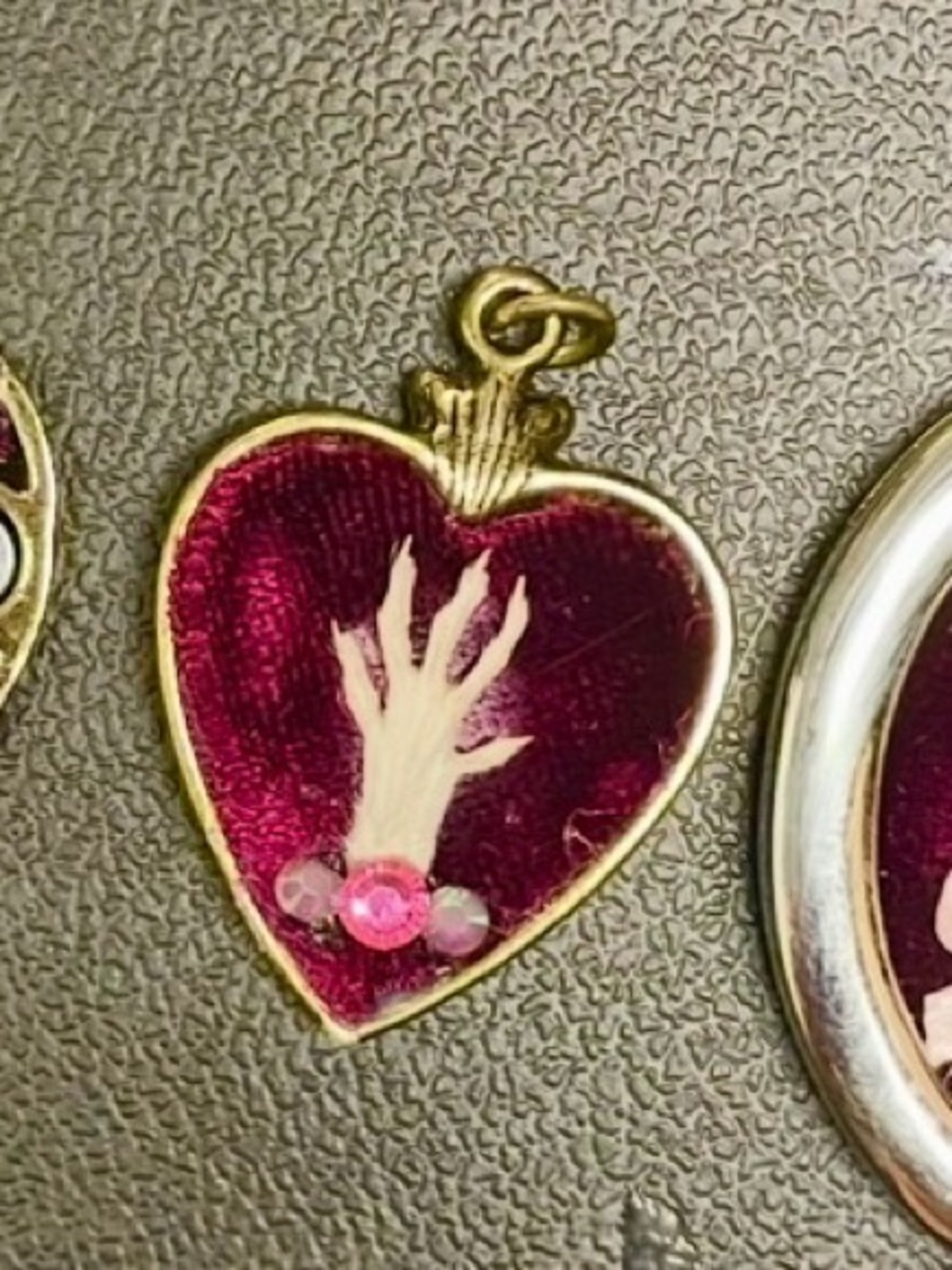 Heart Shaped Gold Tone Mouse Paw Pendant with Red Velvet and Rhinestones